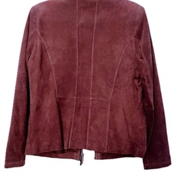 😊Monteray Bay Burgundy Suede Jacket Womens Sz 12 Antique Brass Studs Zip Pocket - Picture 9 of 10